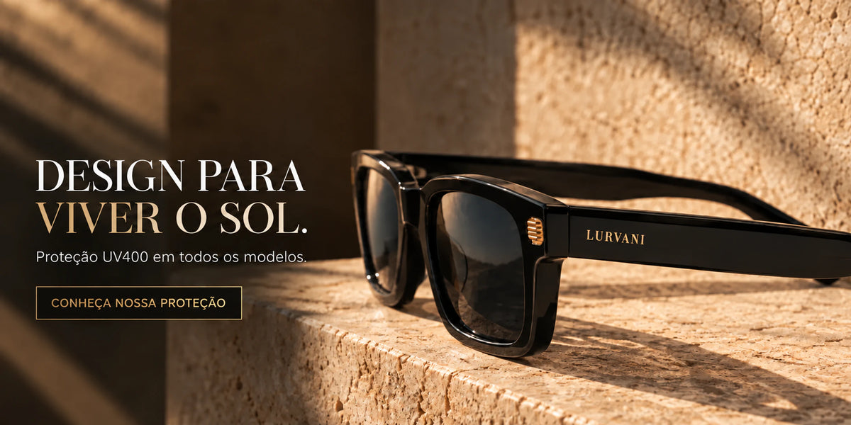 Óculos de sol quadrado preto Bergamo LURVANI com detalhe dourado, em composição editorial horizontal.