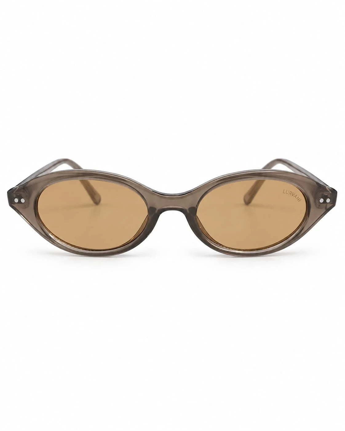 Óculos de sol feminino oval modelo Valleny LURVANI, com armação marrom translúcida e lentes marrons, vista frontal em fundo branco.