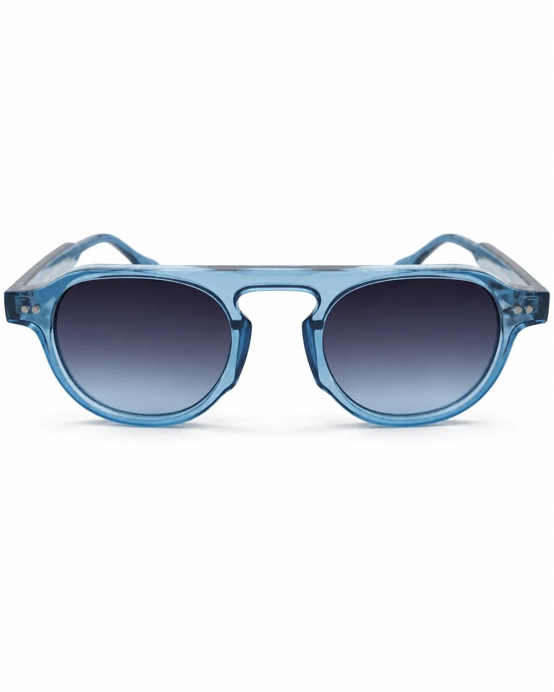Óculos de sol unissex arredondado azul modelo Mônaco LURVANI, vista frontal em fundo branco.