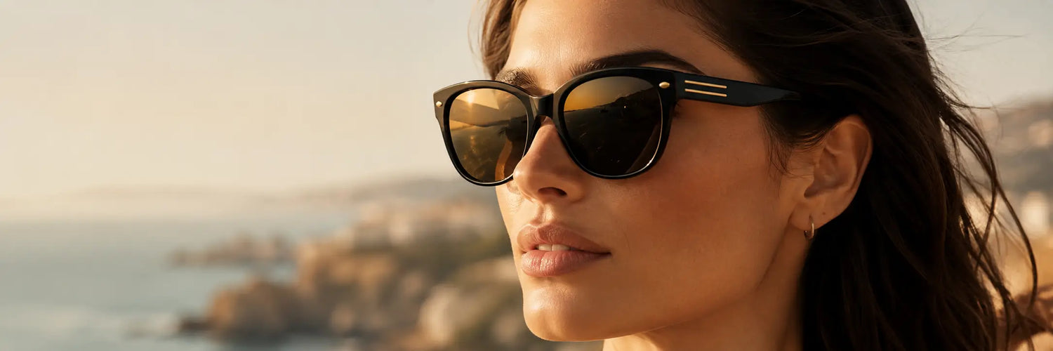 close de mulher usando óculos de sol feminino preto com armação em acetato, proteção UV400 e lentes resistentes a riscos
