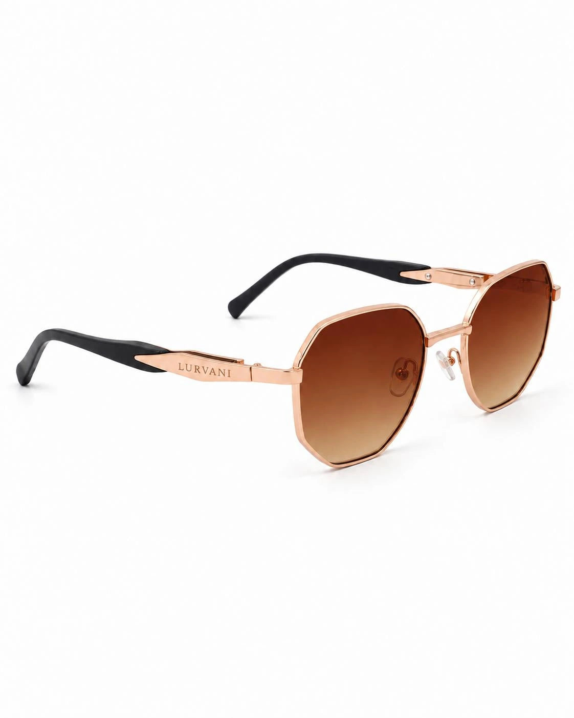 Óculos de sol feminino octogonal rosé modelo Capri LURVANI, vista lateral direita em fundo branco.