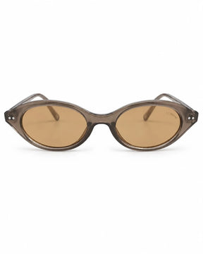 Óculos de sol feminino oval modelo Valleny LURVANI, com armação marrom translúcida e lentes marrons, vista frontal em fundo branco.