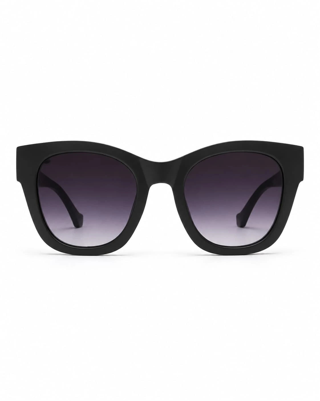 Óculos de sol feminino quadrado preto modelo Violet LURVANI, vista frontal em fundo branco.
