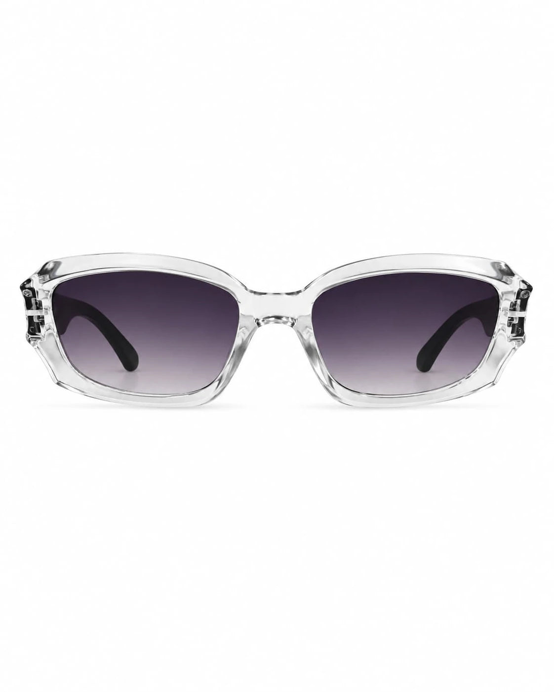 Óculos de sol feminino retangular transparente modelo Alba LURVANI, vista frontal em fundo branco.