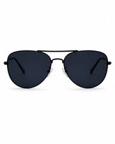 Óculos de sol masculino aviador preto modelo Aston LURVANI, com lentes azul fumê e ponte dupla, vista frontal em fundo branco.