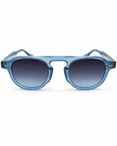 Óculos de sol unissex arredondado azul modelo Mônaco LURVANI, vista frontal em fundo branco.