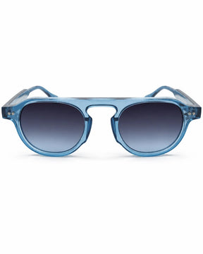 Óculos de sol unissex arredondado azul modelo Mônaco LURVANI, vista frontal em fundo branco.