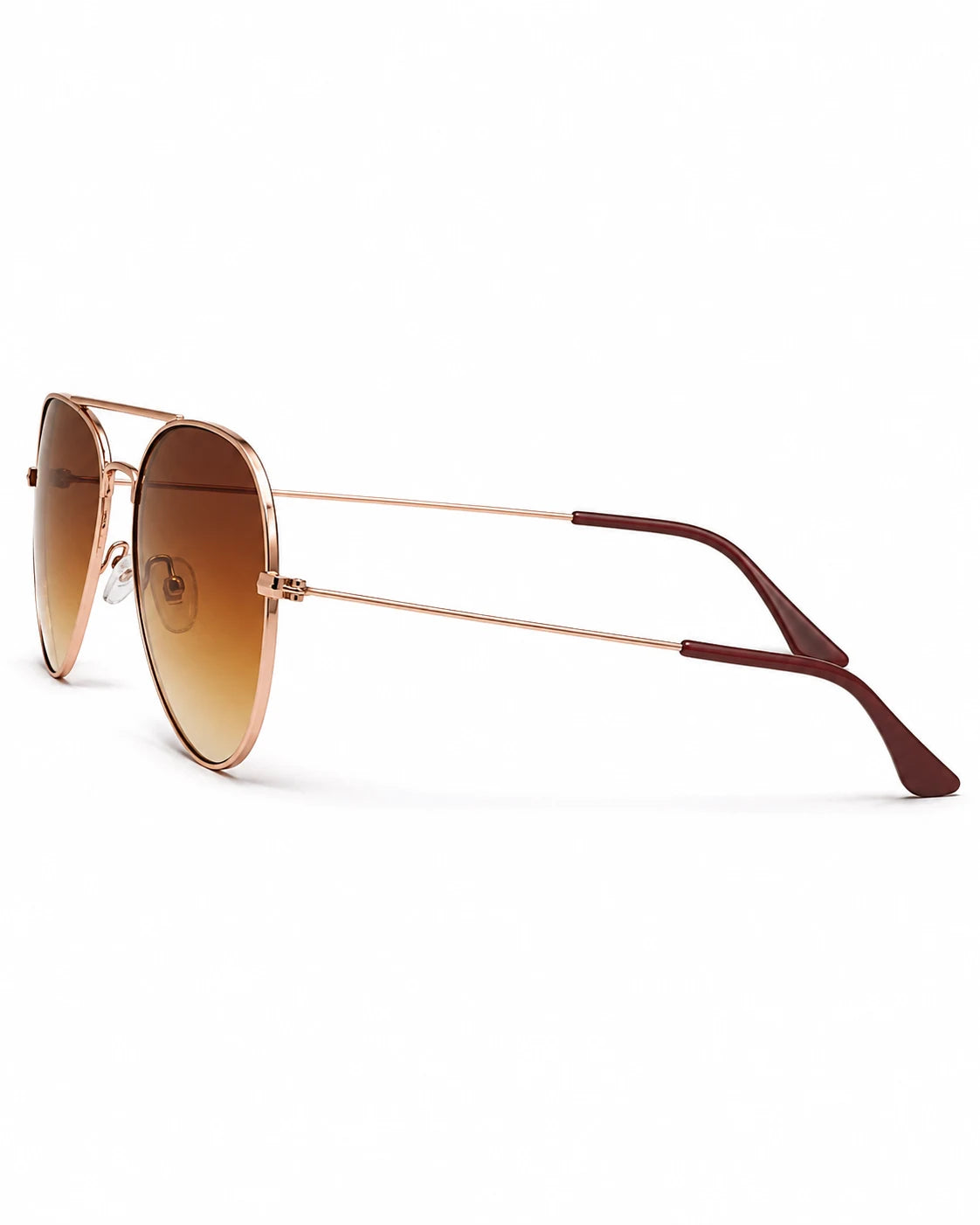 Óculos de sol unissex aviador dourado modelo Dover LURVANI, vista lateral direita com ponteira vinho em fundo branco.