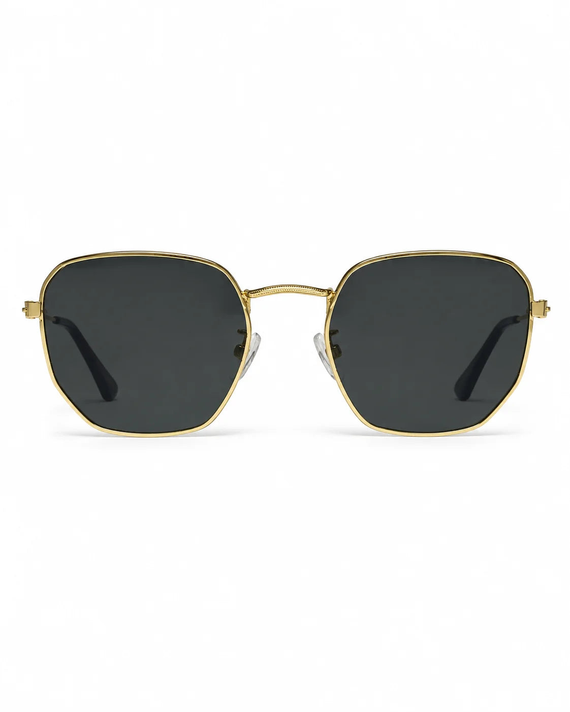 Óculos de sol unissex geométrico dourado modelo Adrian LURVANI, com lentes fumê, vista frontal em fundo branco.