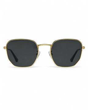 Óculos de sol unissex geométrico dourado modelo Adrian LURVANI, com lentes fumê, vista frontal em fundo branco.